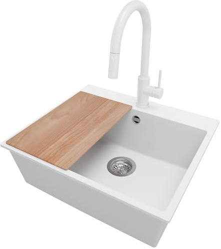 PRIMAGRAN Lavandino da Cucina al Mobile 60cm + Rubinetto, 58x50cm | Set: Rubinetto BW9010 + Kit di scarico + Tagliere + Lavello in Granito a 1 Vasca - Riga, Bianco