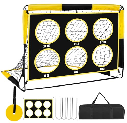Fussballtore für Garten Kinder, 2 in 1 Fußballtor Kinder, Outdoor Pop Up Fußballtore mit 6 Zielbereichen, Tor, Tragetasche, 4 Heringen für Garten, Park, Strand (gelb, L)