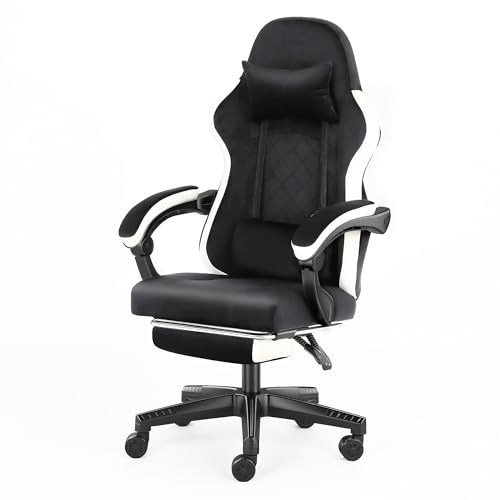ADOV Silla Gaming Ergonómica con Reposapiés, Silla Gamer 90°-140° Reclinable de Franela para Adultos y Niños, Silla Escritorio con Respaldo Alto, Reposacabezas y Soporte Lumbar (Negra)