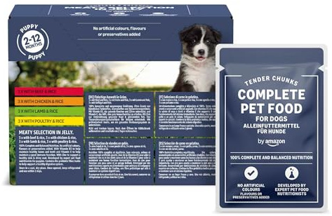 by Amazon Complete Wet Food for Puppies, Meaty Selection in Jelly, 1.2 kg (12 pouches of 100g)