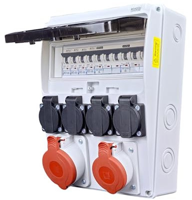 RoadEu - 16A 5P & 32A 5P Power Distribution Board, 4x 13A 230V Sockets, with Circuit Breakers, Site Power Board IP44, Durable Plastic Housing