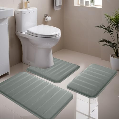NAKIHOUSE 3 Piece Non-Slip Bath Mat Set, Luxury Thick Memory Foam Bathroom Rugs, Water Absorbent Soft Shower Mat Machine Washable Toilet Mat for Bathroom Floor, Light Gray