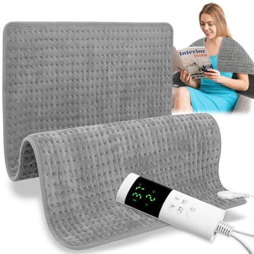 Warmfay Heating Pad 30X60CM with Automatic Switch-Off, Electric Heat Pad with 30 Temperature Levels, 12 Timer Settings, Grey Heated Pad for Back Neck Shoulder Belly, Fast Heating & Machine Washable