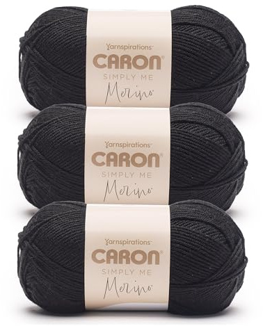 Caron Simply Me Merino Pitch Black Yarn - 3 Pack of 100g/3.5oz - 50% Acrylic, 50% Merino Wool - #3 DK (Light) - 215 Yards - Knitting/Crochet