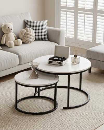Amveya Couchtisch Rund Weiss 2er Set, Wohnzimmertisch Rund Weiß, Coffee Table mit weißem Marmoreffekt, Beistelltische fürs Wohnzimmer mit schwarzem Rahmen | Moderner Wohnzimmertisch, Beistelltisch, Marmor, platzsparend, perfekt als Wohnzimmermöbel, 70 + 50 cm