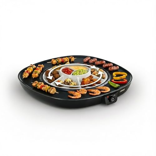 Princess Plancha Roterande Chef Pirouette - automatisk serveringsplatta - yta 45 x 45 cm - termostat justerbar upp till 220 °C, non-stick-beläggning - 6 spatel ingår, 103260