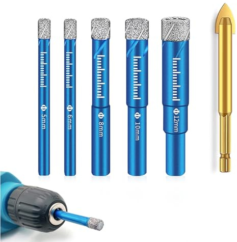 5PCS Brocas de Diamante con Vástago 5/6/8/10/12 mm, Brocas para Porcelánico Cerámica Granito Mármol Gres Azulejos Vidrio, Juego de Brocas Porcelanico, Alta Precisión y Larga Durabilidad