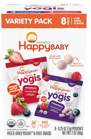 Happy Baby Organics Yogis Freeze-Dried Yogurt and Fruit Snacks, Crawling Baby Snacks, Mixed Berry and Strawberry, Variety Pack, 0.25 oz, 4 Boxes of 8 Pouches (32 Total Pouches)