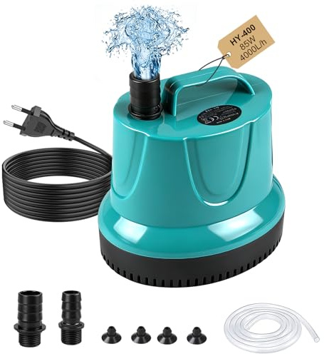 EXLECO Kleine Teichpumpe 85W 4000L/H Tauchpumpe Schmutzwasserpumpe Grün | Aquarium Wasserpumpe Mini mit 2 Düse Schlauch，Flachsaugend Pumpe als BrunnenpumpeFörderpumpe Umwälzpumpe für Teich Pool