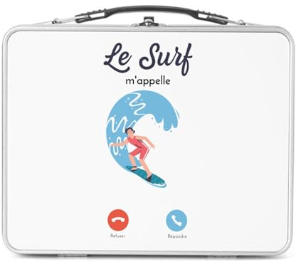 Fabulous Lunch Box Métal Argenté pour Sandwich et Snack - Le Surf M'Appelle Sport Aquatique Planche - Boîte à Goûter Aluminium Gamelle Rigide Style Rétro Imprimée en France
