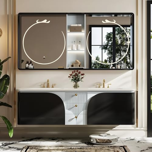Juego de tocador de baño flotante con lavabos dobles integrados, espejo inteligente LED y cajones grandes para almacenamiento moderno de baño