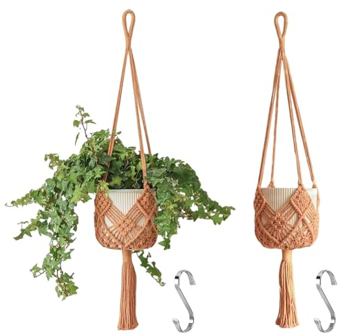 Muorruo Lot de 2 suspensions pour Plantes avec Motifs, Suspensions macramé pour Plantes à l'intérieur et à l'extérieur, Convient aux Pots jusqu'à 20 cm de diamètre, Couleur Caramel