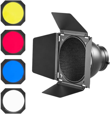 WELLMAKING Bowens - Reflector de montaje con puerta de granero y geles de | Reflector de alta salida, rejilla de panal extraíble, control de modelado de haz, compatibilidad estroboscópica de luz
