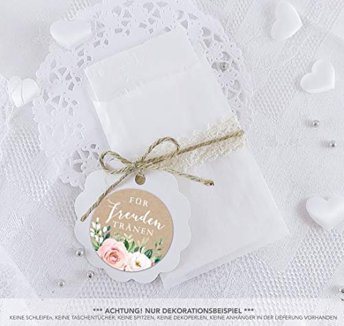 Freuden Tränen Taschentücher Set zur Hochzeit Groß 48 Sticker + 48 Pergamin Flachbeutel 63 x 93 mm Freudentränen Taschentuch Verpackung BOHO HIPPIE ROSEN EUKALYPTUS KRAFTPAPIER APRICOT ROT ROSA