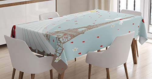 ABAKUHAUS Paris Tischdecke, Französisches Paar und Herzen, Für den Inn und Outdoor Bereich geeignet Waschbar Druck Klar Kein Verblassen, 140 x 170 cm, Weiß Blau Rot