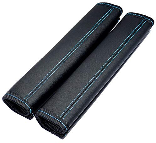L&P Car Design GmbH 2 protectores de cinturón de seguridad, almohadillas para el hombro, de piel auténtica, almohadillas para el hombro (2 unidades negras con costuras turquesas)