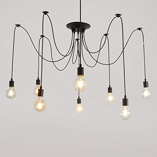 iDEGU Lámpara Colgante Retro, 8 Luces Lámpara de Araña DIY Iluminación Colgante E27 con Cables 150cm Regulable Negro Lámpara de Techo Vintage para Salón Dormitorio Comedor Restaurante (8 Foco)