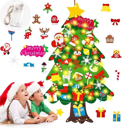 35pcs Fieltro Árbol de Navidad, DIY Christmas Hanging Tree ​con Ornamentos Desmontables El árbol de Navidad de 50 Luces LED,para Regalos navideños, Decoración de Navidad para Paredes y Puertas del