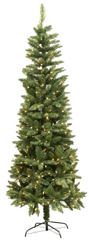 6Ft/1.8m Pre-Lit Green Christmas Tree Slim Tree Pine Narrow Xmas Tree, Pointed Tips, Metal Stand, Warm White LED Lights, Holiday Home Decorations