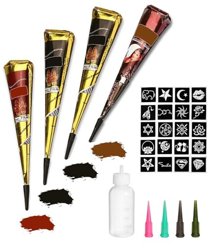 Temporary Tattoos Kit, 4Pcs Semi Permanent Tattoo Paste Cones, India Body DIY Art Painting for Women Men Teens,Summer Trend Freehand Plaste with 3 Colors,20Pcs Adhesive Stencil,1Pc Bottle,4Pcs Nozzles