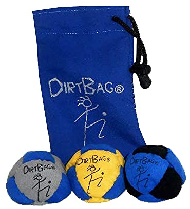 Dirtbag Classic Footbag Hacky Sack 3 Pack con sacchetto, unico, set di sacco a piedi con borsa per il trasporto, grigio/giallo/blu con custodia blu.