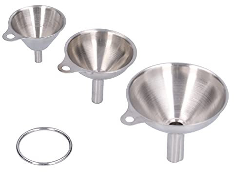 Imbuto in acciaio inossidabile da 3 pezzi, imbuto per olio da cucina in metallo piccolo con mini anello per bottiglie di riempimento di vino aceto di olio