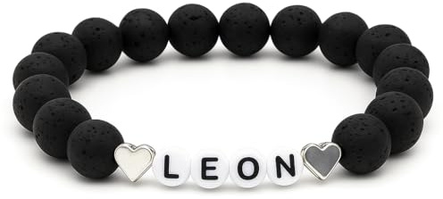 Personalisierbares Armband mit Namen – Lavaperlen, Handgefertigt – Freundschaftsarmband, Geschenk für Paare, Partnerarmband, Wunschtext – Herzperle Silber/Gold