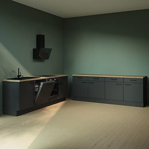 Générique WALLERS Cuisine Noire de 2 x 240 cm de Long, Lave-Vaisselle intégré, Four encastré, hotte, évier et mitigeur, Plaque de Cuisson 4 foyers (Plan de Travail Couleur chêne, Évier à Gauche)