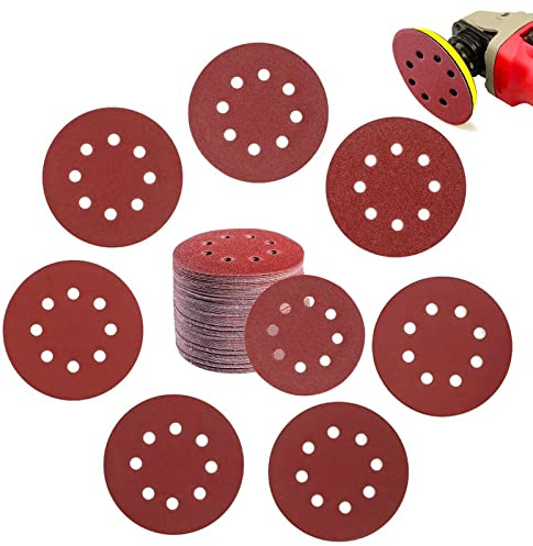 HIUOUIH 100 Piezas Discos de Lijado 125 mm 8 Agujeros Papel Lija Para Lijadora Orbital Disc Grano P60/80/120/180/240/320/400 Pulir, Lijad