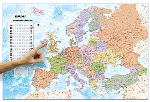 ORBIT GLOBES & MAPS - Politische Europakarte in deutsch als Poster, Karte von Europa ca. 90x60cm: Maßstab 1:7.000.000 Mio, Landkarte Europa mit Flaggen und Einwohnerzahlen, Stand 2025