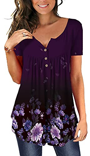 Magritta Womens Plus Size Shirt Summer Tunic Tops Short Sleeve V Neck Blouses Floral Printed Ruffle Swing Tops for Leggings Dark Purple XX-Large, 22-24