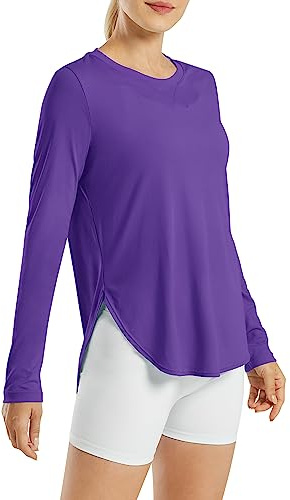 G4Free sporttröjor för kvinnor solskydd skjorta UV skydd långärmad skjorta UPF 50+ sportskjorta rashguards yoga träning utomhus gym löptröja, Mörklila, L