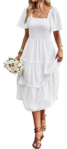 Damen Smocked Midi Kleid Kurzarm U-Ausschnitt Sommerkleid A-Linie Maxikleid Cocktail Weiß S