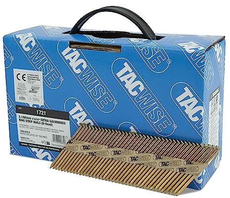 Tacwise 1721 Extra verzinkte Rahmennägel, 3,1/65 mm, D-Kopf, Ringschaft, 34°-Neigung, papiergebunden, 1600 Stück, Silber