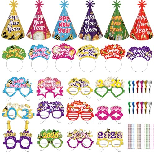 DPKOW Bunt Silvester Deko 2026 Silvester Haarreif Partyhüte Silvester Silvester Brille Halsketten Tröten für Deko Silvester Party 2026 Neujahrsdeko Silvester Accessoires für Silvesterdeko