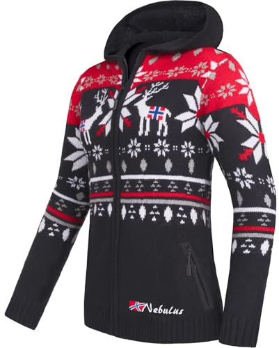 Nebulus Damen Jacke NORMAX, mit Kapuze, schicker Pullover im Norweger-Style (L, Schwarz-rot)