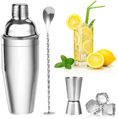 CEWROM Cocktail Shaker Set, 750ML Cocktailshaker Set, 3 Stück Edelstahl Cocktail Mix Set, mit Messbecher und Barlöffel, Bar Zubehör Set, Mischgetränke Shaker für Zuhause Bar Partei Papa Männer