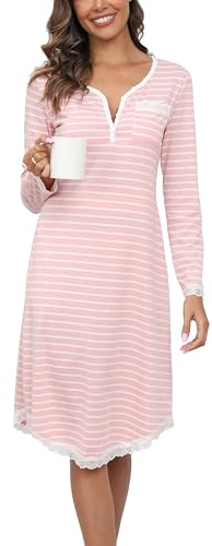 Yukiuiny Chemises de Nuit Femme Coton Dentelle Nuisette Robe de Nuit Longue T Shirt de Nuit Pyjama Casual Col V Sexy Maternité Allaitement Top Confortable Rose Rayé *Longue XXL