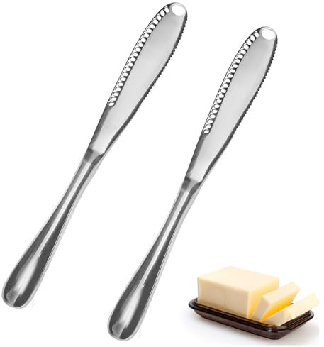 2 Pack Butter Knife, Professional 3 In 1 Multi-Function Butter Curler & Spreader with Serrated, Stainless Steel Butter Spreader Knife with Ergonomic Handle for Cutting Butter Cheese Chocolate Jams