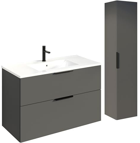 BERNSTEIN Badmöbel-Set Tim 100cm Waschbeckenunterschrank mit Waschtisch und Seitenschrank, Unterschrank in Anthrazit matt, Griffe in Schwarz,Keramik-Waschbecken vormontierter Unterschrank