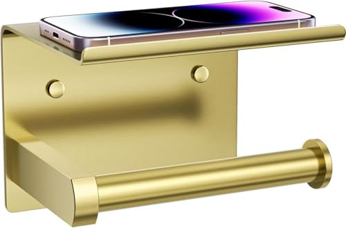 Tindbea Porte Papier Toilette Mural avec Tablette, Support Mural pour Rouleau de Papier Hygiénique, Adhésif ou à Vis, Résistant à la Rouille,Rangement pour Salle de Bain (Or Brossé)