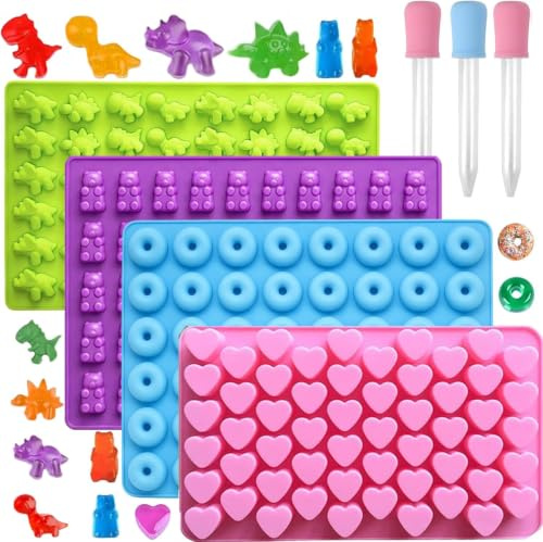 ENBRWAS Gummibärchenform Set, 4 Formen, 201 Mulden | Silikon, 3 Dosierpipetten, Bär-/Dino-/Donut-/Herzformen für Schokolade, Fruchtgummi, Gelee, Eis, Tortendeko