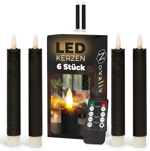 Stabkerzen LED mit Timer SCHWARZ 6 Stück Indoor 6 Stunden ECHTWACHS 18cm Höhe für Kerzen 2,2cm Durchmesser 2 AAA Batterien notwendig LED Stabkerzen 4er Set SCHWARZ (zwei Mal) bewegliche Flamme Licht