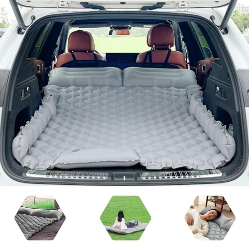 ONTYZZ Bilmadrass SUV luftmadrass 2 personer luftsäng för resor camping madrass självuppblåsande sovmattor med fotpump och kudde uppblåsbar camping säng 183 x 131 x 7 cm