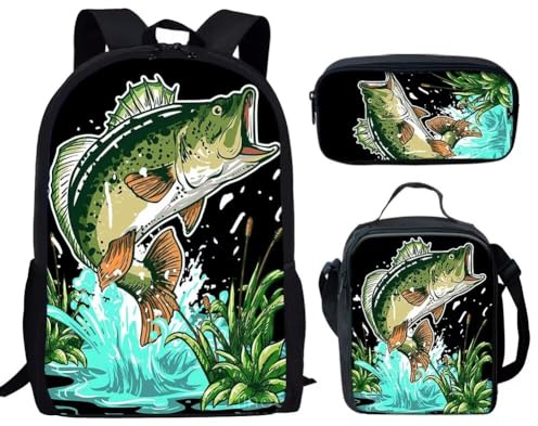 HUGS IDEA Ensemble de cartable pour garçons et adolescents 3 en 1 avec boîte à déjeuner isotherme et trousse à crayons, Pêche