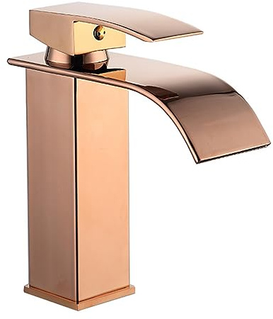 Wasserhahn Bad für Waschbecken Badarmaturen Mischbatterie Waschtischmischer Wasserfall Flachdüse Warm und Kaltwasser Wasserfall Einlochdüse Spüle Roségold Armatur für Waschbecken
