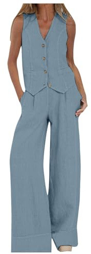 Fulidngzg Completi da Donna 2 Pezzi Set Gilet Con Scollo a V Senza Maniche Pantaloni Gamba Larga Casual Taglie Forti Completo Estate Lino Abbinato Tuta Eleganti Estivo