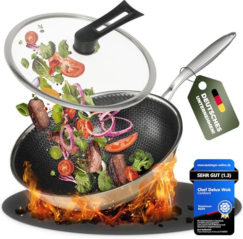 CioMond Wokpfanne mit Deckel Wok Pfanne Induktion 28cm - aus Edelstahl mit Antihaft Wabenstruktur | geeignet für Induktionsherd, Elektro, Gas | Spülmaschinenfest, gleichmäßige Hitzeverteilung