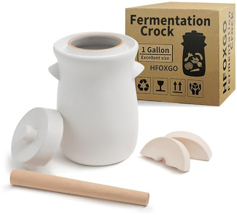 Fermentation Crock - Olla de cerámica de 3.8 litros/1 galón para fermentar, encurtir kimchi, encurtidos, verduras, kombucha, fermentador esmaltado con pesos de piedra, tapa y jarra blanca