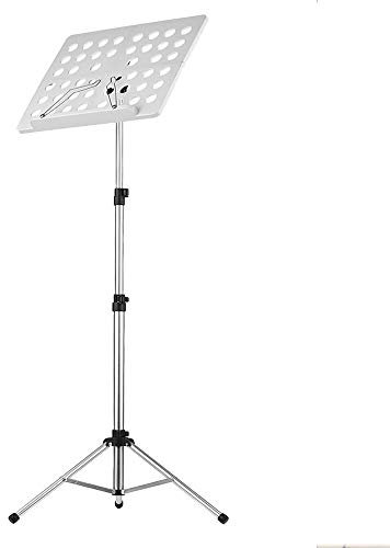 Portable Adjustable Music Stand Holder with Carrying Bag Foldable Telescopic Laptop Stand Book Shelf Tablet Stand and Projector Stand Ideal for Musicians Teachers and Presenters (White)